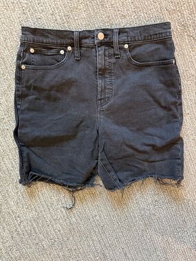 Madewell High Rise Denim Shorts | Black Washed Raw Hem | Size 28 | Mid-Length